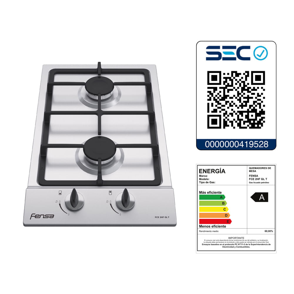 Encimera Fensa FCE 2HF GL T con etiqueta de eficiencia energética y código QR SEC