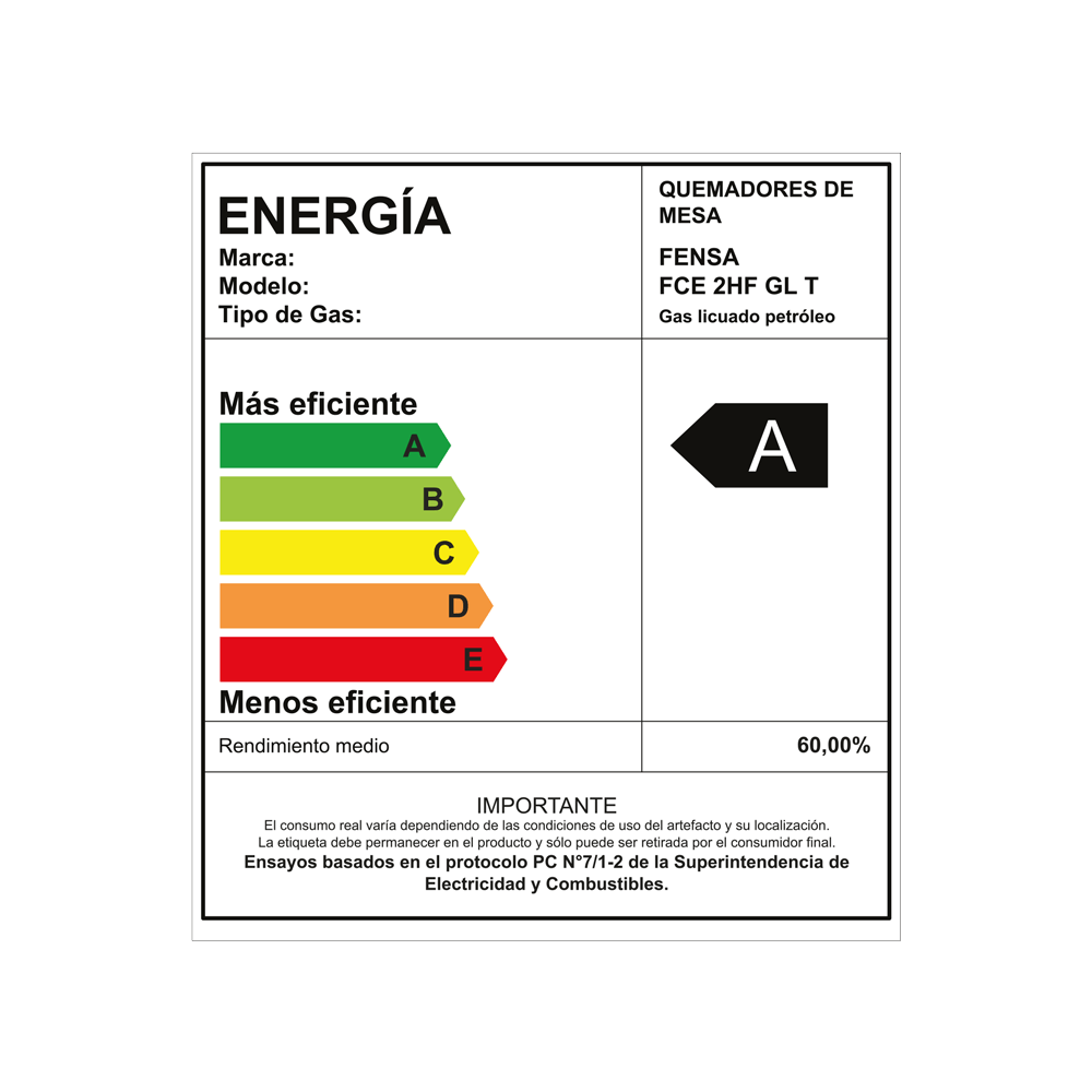 Etiqueta de eficiencia energética de la encimera Fensa FCE 2HF GL T (clase A, gas licuado)