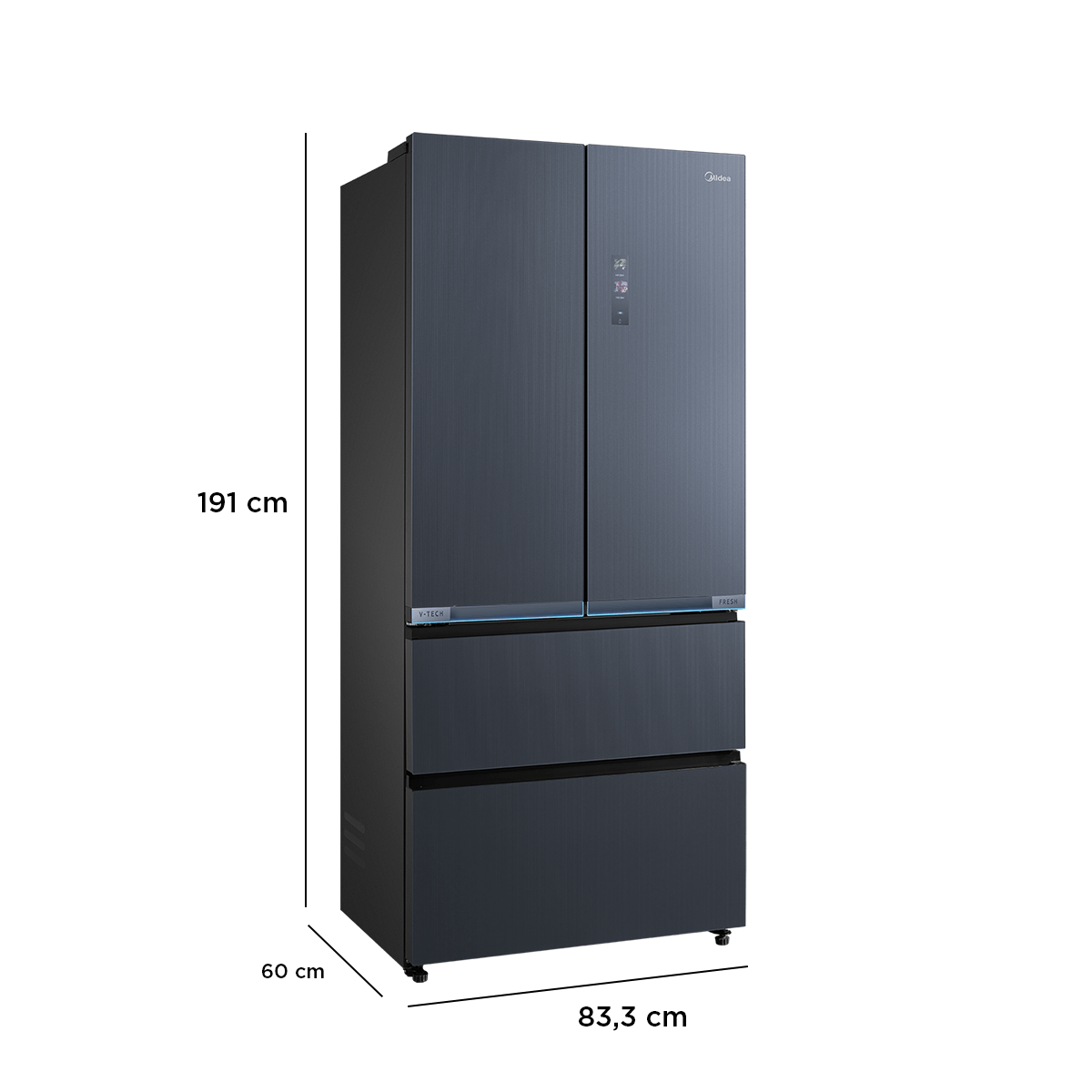 Refrigerador Midea MDRFD705BIE70 con puertas abiertas