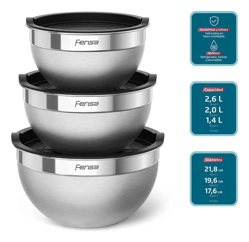Bowls Acero Inoxidable Fensa 3 Unidades Tapa De Plástico Color Gris