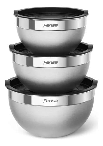 Bowls Acero Inoxidable Fensa 3 Unidades Tapa De Plástico Color Gris