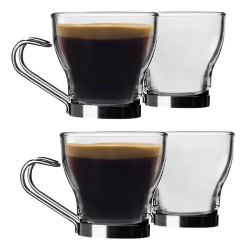 4 Tazas Vidrio Templado 200ML Asa Metálica Allegra Apto Lavavajillas Transparente